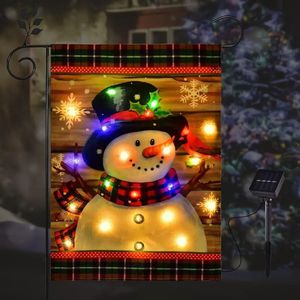 バナーフラッグスLEDライトガーデンフラッグヤード装飾雪だるまの太陽光発電旗屋外装飾のための自動照明付きのクリエイティブクリスマスフラグ231102