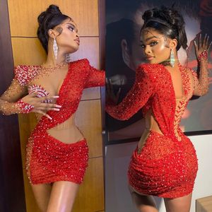 2023 Aso Ebi Long Sleeves Cocktail Dress V-Neck Asymmetrical Sequined Beaded Ruched Exposed Boning Party Birthday Short Mini Prom Dress