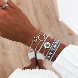 Bangle 5pcs/Set Ancient Silver Color Retro Set For Women Elephant Sun Moon Compass Charm Open Bracelet Vintage Jewelry