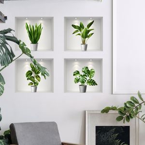 Adesivos de parede de 4 peças plantas verdes em vasos de janela falsa decalque de parede de papel de decoração de decoração de decoração de decoração de decoração de decoração de quarto 3d 230403