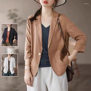 Damenanzüge, solide, einfache Baumwolle und Leinen, Jacke, kleiner Anzug, große Größe, 3/4-Ärmel, Revers, eine Taste, Sommer, lässig, Blazer, Hemd, Tops, Z2106