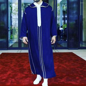 Roupas étnicas Moda Muçulmana Casual Robe Masculino 2023 Azul Escuro Colarinho Islâmico Vestuário Árabe Bonnet Homme Musulman