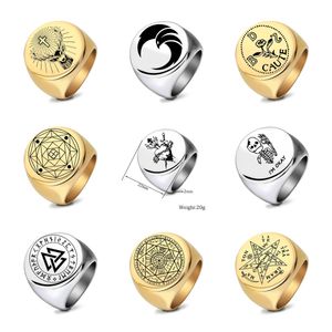 Neue Titan Edelstahl Runde Fingerring Viking Script Elch Schädel Heptagon Silber Gold Farbe Ringe für Männer Hip Hop Punkrock Geburtstagsgeschenk Großhandel Jewlery