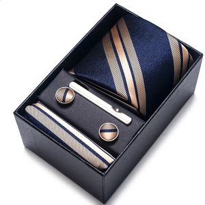 Arco laços 100% seda marca gravata lenço cufflink conjunto para homens gravata caixa de presente de feriado azul ouro terno acessórios fino casamento gravatas 231102