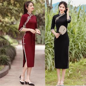 Ethnic Clothing Elegant Lace Trim Mandarin Collar Solid Color Cotton Cheongsam Handmade Buttons Half Sleeve Qipao Chinese Women Dress