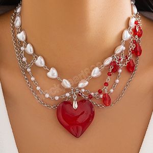 Y2K Liebe Herz Rot Anhänger Imitation Perle Halskette für Frauen Kristall Perlen Quaste Hals Kette Choker Trendy Schmuck Mädchen