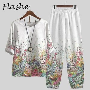 Kvinnors tvåbitar byxor Summer Casual Two Piece Set Women Elegant O Neck Flower Print Loose T Shirt Hög midja Löst byxor Passar kvinnliga kläder 230331