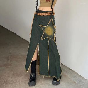 Skirts Korean Vintage Irregular Star Patchwork Knee Length Denim Women Midi Long Skirt Y2K High Waist Straight Fairycore Clothes