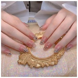 Falsas unhas francesas caixão longo falso cobertura completa strass design artificial para mulheres e meninas moda