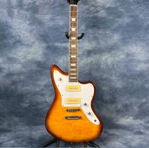 Sıcak Satış Sunburst Renk Elektro Gitar Gül Ağacı Klavye Yüksek Kaliteli P90 Pikaplar El İşçiliği Gitarra