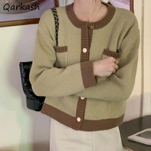 Women's Knits Cardigan Women Pocket Patchwork Cozy Spring Autumn Casual Ins Aesthetic Fashion Harajuku Round Neck Simple Crops Knit