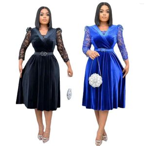 Ethnic Clothing African Dresses For Women Spring Summer V-neck Blue Black Knee-length Dress Clothes