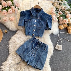 Women's Shorts Arrival Spring Puff Short Sleeve Denim Jacket Lace Up High Waist Jeans Two Piece Sets Women