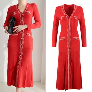 23 Jahre Slim Fit Strickkleid Rotes langes Kleid Rotes Strickkleid Damen Temperament Reifes Damen-Stil Langes Kleid YJ210703