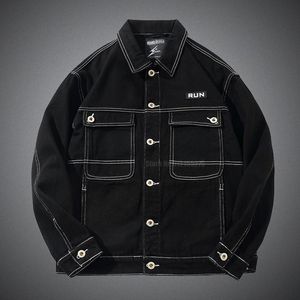 Herrenjacken Jeansjacke im koreanischen Stil Harajuku Schwarz Kontraststich Herren Denim Mode Multi Taschen Button Up Herrenmäntel
