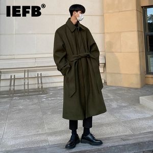 Men' Blends IEFB Tweed Overcoat Autumn Winter Long Coat Loose Knee length Korean British Thickened Belted Woolen Jacket D1221 231102