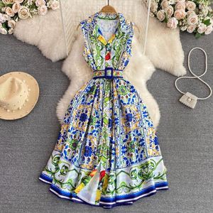 Vestidos casuais chegam verão mulheres de comprimento médio de impressão vintage com temperamento sem mangas de lapela fina de cinto A-line vestido de tanque