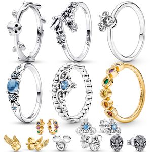 925 Sterling Silver Pandora Charm Ring Ring Ring feminino Anel de noivado de casamento azul dourado Jóias Acessórios de moda Presente