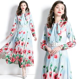 Kvinnor Floral Dress Boutique Long Sleeve Dress 2023 Spring Autumn Bow Maxi Dress High-End Fashion Lad Long Dresses Runway Holitay Dresses