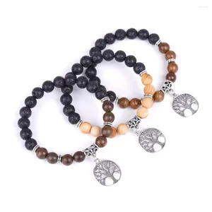 Strand 10pcs Tree Of Life Charms 8mm Black Lava Stone Wooden Beads DIY Essential Oil Diffuser Bracelet Yoga Jewelry