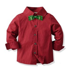 Kids Shirts Baby Boys Shirts Children's Long Sleeve Formal Red Shirt Gentleman Tops With Bowtie Toddler Blouse 230403