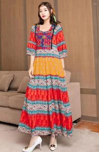 Casual Dresses Bohemian Exotic Woman Steppe Chic Fashion Seaside V-neck Long Dress Floral Sleeve Ethnic Holiday