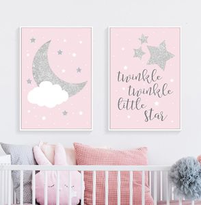 Tatlı Pembe Moon Stars Nursery Sanat Tuval Boyama Duvar Resimleri Posterler ve Baskılar Bebek Yatak Odası Ev Dekorasyonu4852760