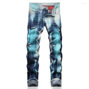 Jeans masculinos punk rasgado impressão reta meados de cintura calças casuais rua tendência hip hop biker calças