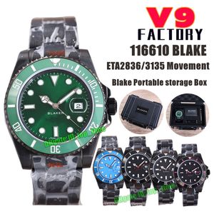 V9 Factory Watches V9F 116610 Blaken 40 mm 904L Datum Schwarz PVD ETA2836/3135 Automatik Herrenuhr Grünes Zifferblatt DCL Schwarz PVD Armband Herren Blaken Tragbare Aufbewahrungsbox