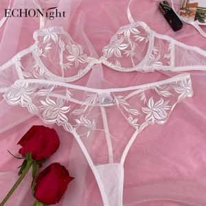 Sutiãs conjuntos echonight sexy lingerie conjunto sutiã floral feminino erótico branco transparente