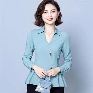 Women's Blouses 2023 Spring Fashion Shirt V-Neck Chic Western Solid Color Slim Belly Cover Long&Short Sleeve White Ladies