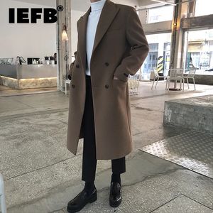 Herrjackor IEFB Autumn Winter Mid längd Woolen Coat Korean svart tjockare överrock Lång ärm Double Breasted 231102