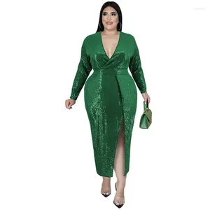 Plus Size Dresses Party Dress Women Clothing paljetter Maxi Långärmad elegant Bodycon Sexig V -nackkväll för 2023 Autumn