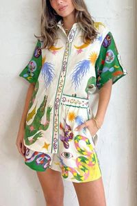 Damskie dresy boho inspirowane drukowane szorty koszuli letnie wakacje krótkie dopasowane kobiety rękawy elastyczna talia