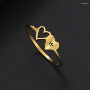 Wedding Rings Double Hearts Initial Letter For Women Stainless Steel Jewelry Gold Color Finger Couple Friends Gift