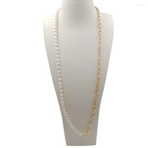Kedjor 80 cm natur sötvatten pärla lång halsband-rostfritt stålkedja med 18 k guldplätering risform