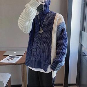 Men's Sweaters Split Hemline Twist Turtule Neck Off Shoulder Sweater Autumn Patchwork Fo Man Blue Grey