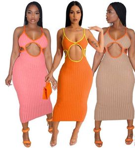 Summer Women Designer Clothing Sexig klänning Solid Color Cutout Handmade stickad tröja Kontrastfärgklänningar