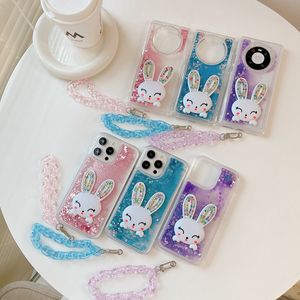 3D Rabbit Quicksand Soft TPU Cases For Iphone 15 14 13 Pro MAX 12 11 XR XS X 8 7 6 Liquid Bling Diamond Rhinestone Glitter Cute Lovely Floating Clear Holder Cover Strap