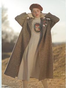 女性のウールブレンドオリジナルデザイン秋の冬の女性ビンテージ特大の長いウールコートハンドメイドエクロメリーエレガントな温かい両側j