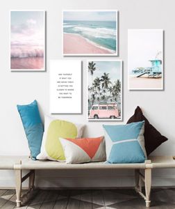 Ocean Landscape Canvas Poster Nordic Style Beach Pink Bus Wall Art Print Målningsdekoration Skandinavisk heminredning8135424