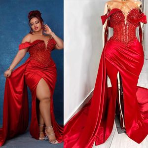 Real Photos Mermaid Aso Ebi Plus Size Prom Dresses Off Shoulder Beaded Long Sleeves Crystals Rehinestone Side Split Sequined Evening Dress Gala Occasion Gowns