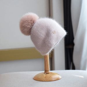 Beanie/Skull Caps Rabbit Hair Warm Sticke Hat For Women Winter Fox Fur Pompom Hat Ear Protection Cap Double Layer Beanies Hat Female 231102