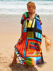 Скрытие женских купальных костюмов Bohemian Dress Print Print Multi-Color Beach Style Caftan Suimsuit Caven Up Maxi Dress Robe de Plage Tunic для пляжа 230403