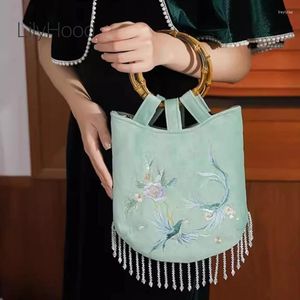Evening Bags Female Retro Chic Floral Embroidery Fringes Medium Size Bamboo Handle Handbag Vintage Prom Party Ethnic Shoulder Bag