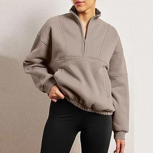 Kvinnors hoodies Kvinnor överdimensionerade halv zip pullover Lång ärm tjockare varm tröja huvtröja tonåring flickor blus kvinna kläder
