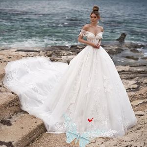 Applikationer Bröllopsklänningar Split en linje Gow med Bow Swoop Train Bride Dress Robe de Mariee 328 328