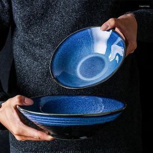 Ciotole FANCITY Ciotola per ramen in ceramica in stile giapponese Personalità retrò Nebbia Verde Smalto blu a bocca larga con cappello che mangia pasta
