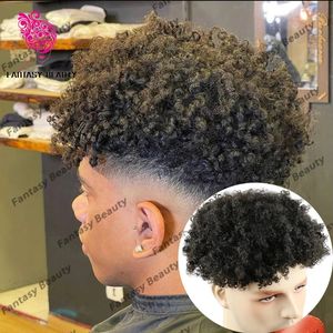 AFO Kinky Curly para homens negros Toupee Human Hair System Prótese Capilar Durável Pu Full Fingue Base 8mm Curly Natural Hairline