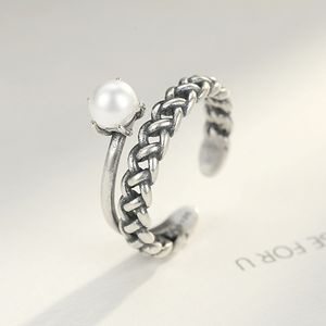 Europäischer Retro-Stil Perle s925 Silber offener Ring Mode Persönlichkeit Frauen Gun Black Ring Exquisites Luxusschmucksachegeschenk